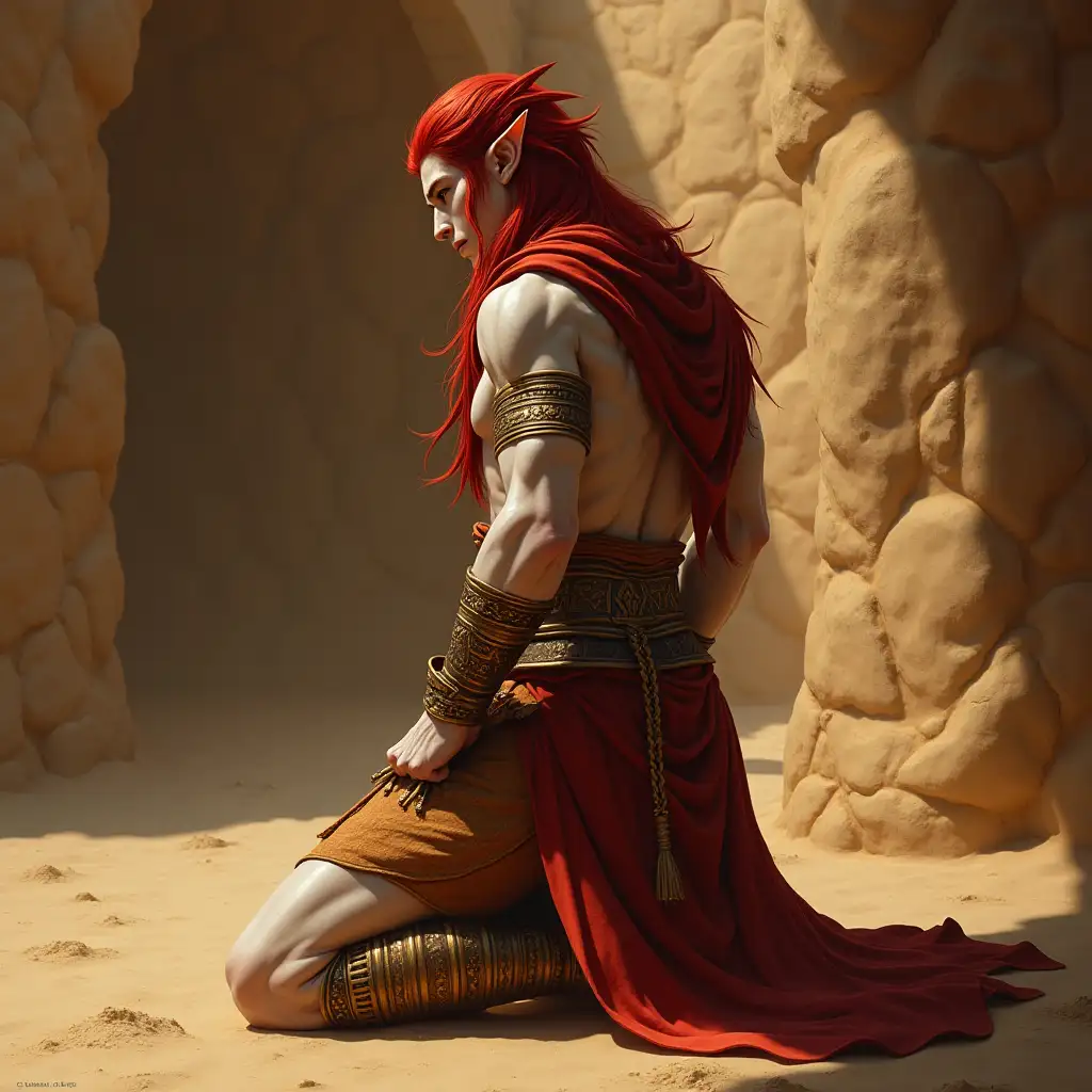 A thirty year old male blood elf warrior. He is very hansom and sexy with powdery white skin and tied back long deep red hair and deep red eyes he has pointed ears. He is very muscular. He is wearing ancient egyptian style armor is on his knees with his hands are bound behind his back in a desert tent.  He is a prisoner of war grieving 