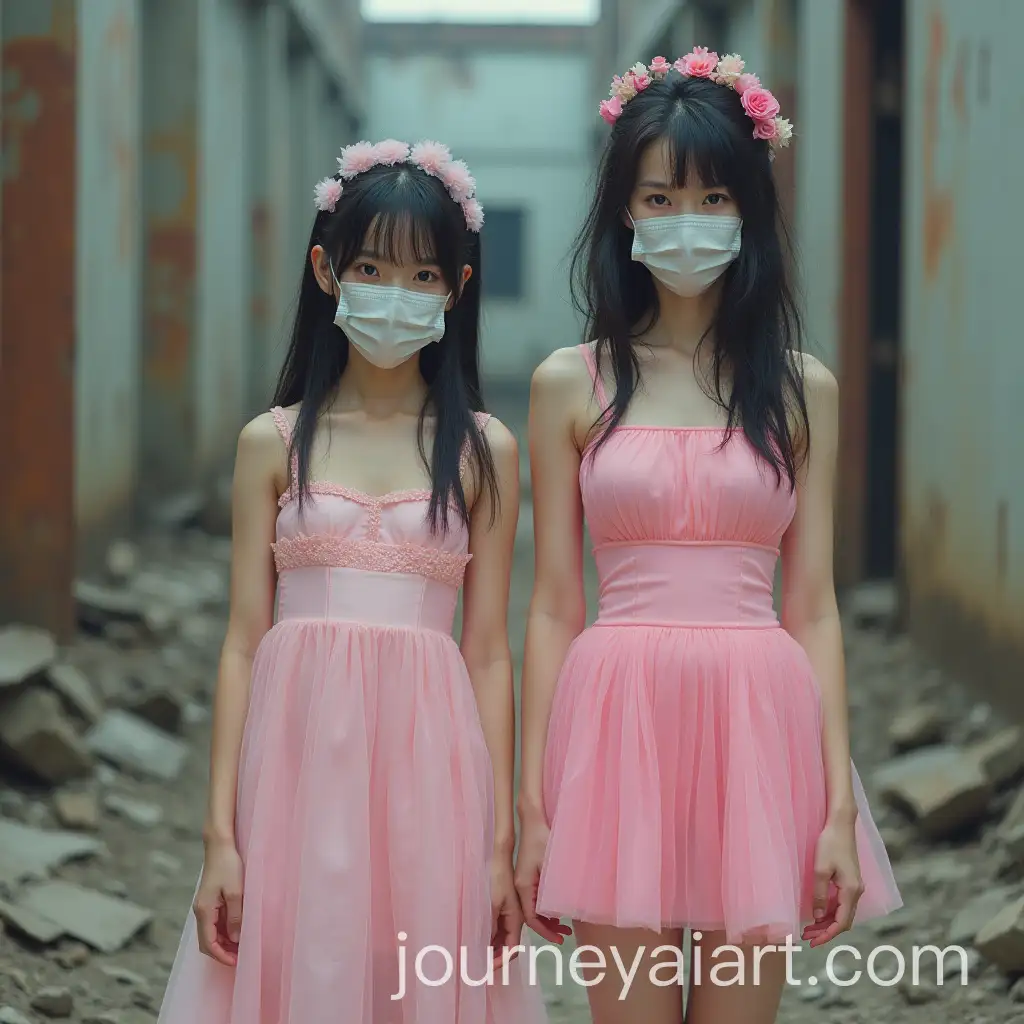Two-Young-Asian-Maid-Girls-in-Futuristic-Pink-Dresses-in-PostApocalyptic-Wasteland