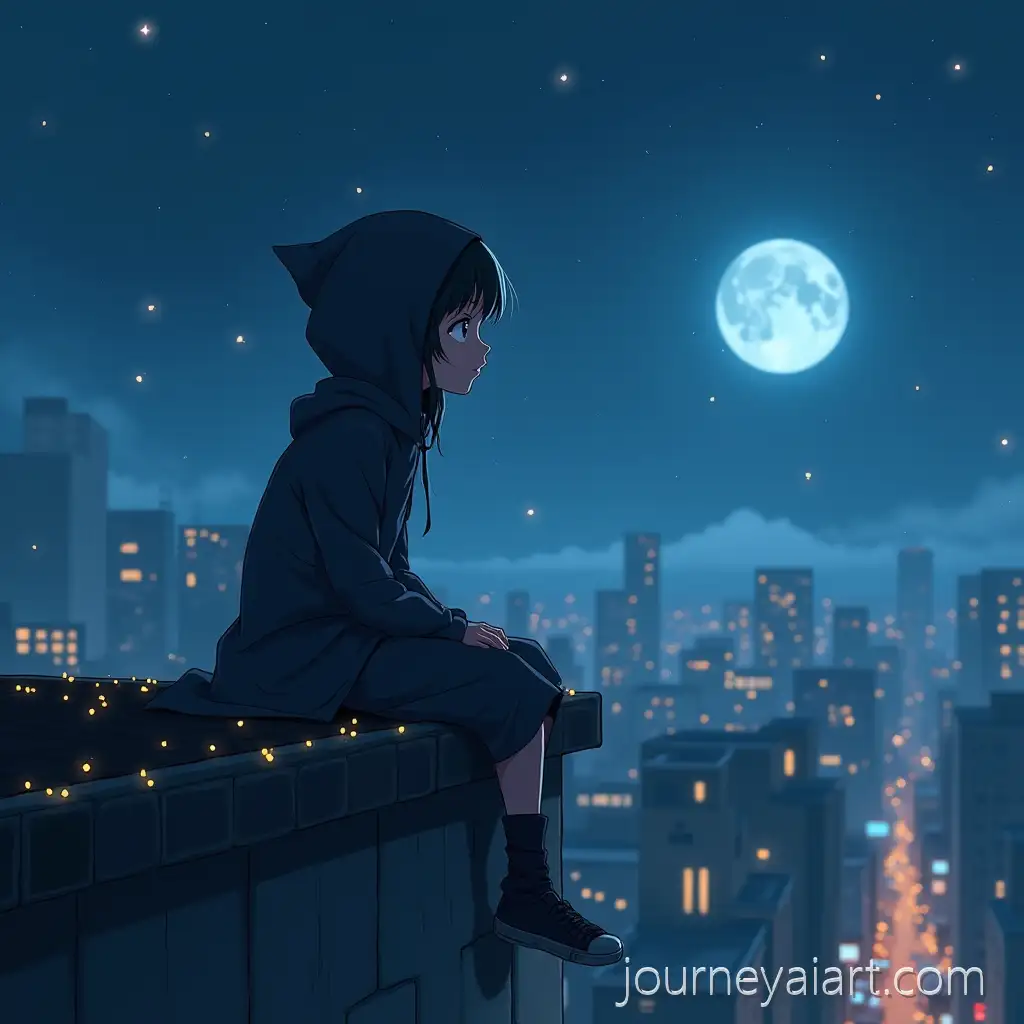 13YearOld-GirlAnime-girl-on-rooftop-in-Hooded-Cloak-Sitting-on-Roof-at-Night-with-Fireflies-and-Stars