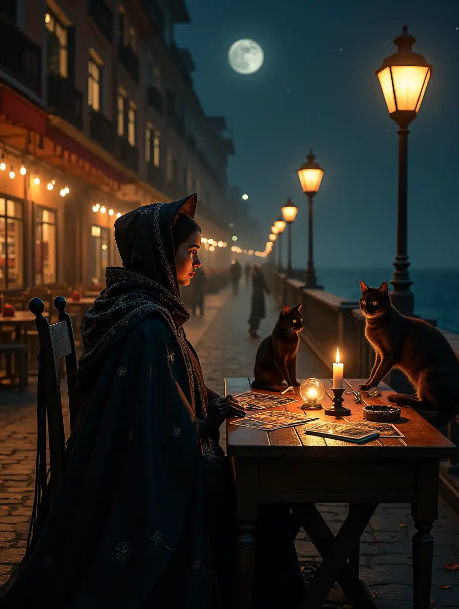 Mysterious-Cartomante-at-an-Italian-Port-Promenade-under-a-Full-Moon