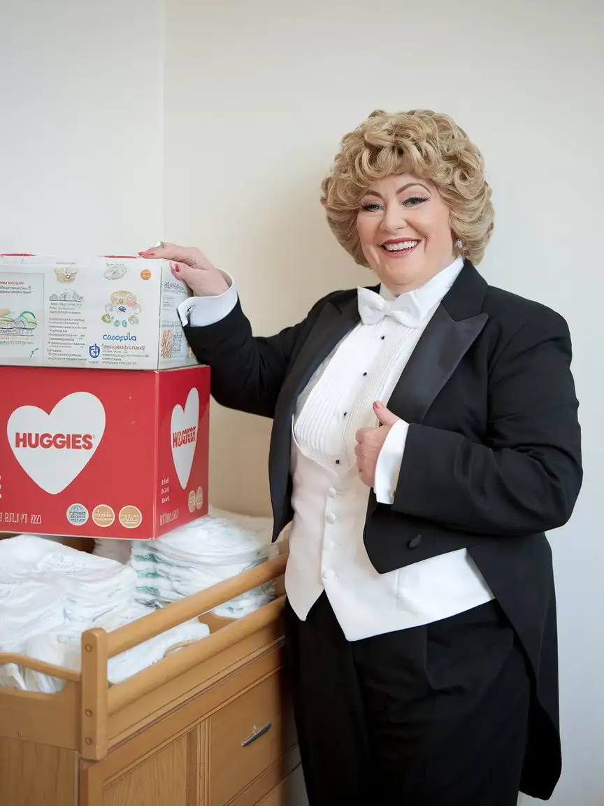 Smiling-MiddleAged-Woman-in-Formal-Concert-Tuxedo-with-Baby-Diapers