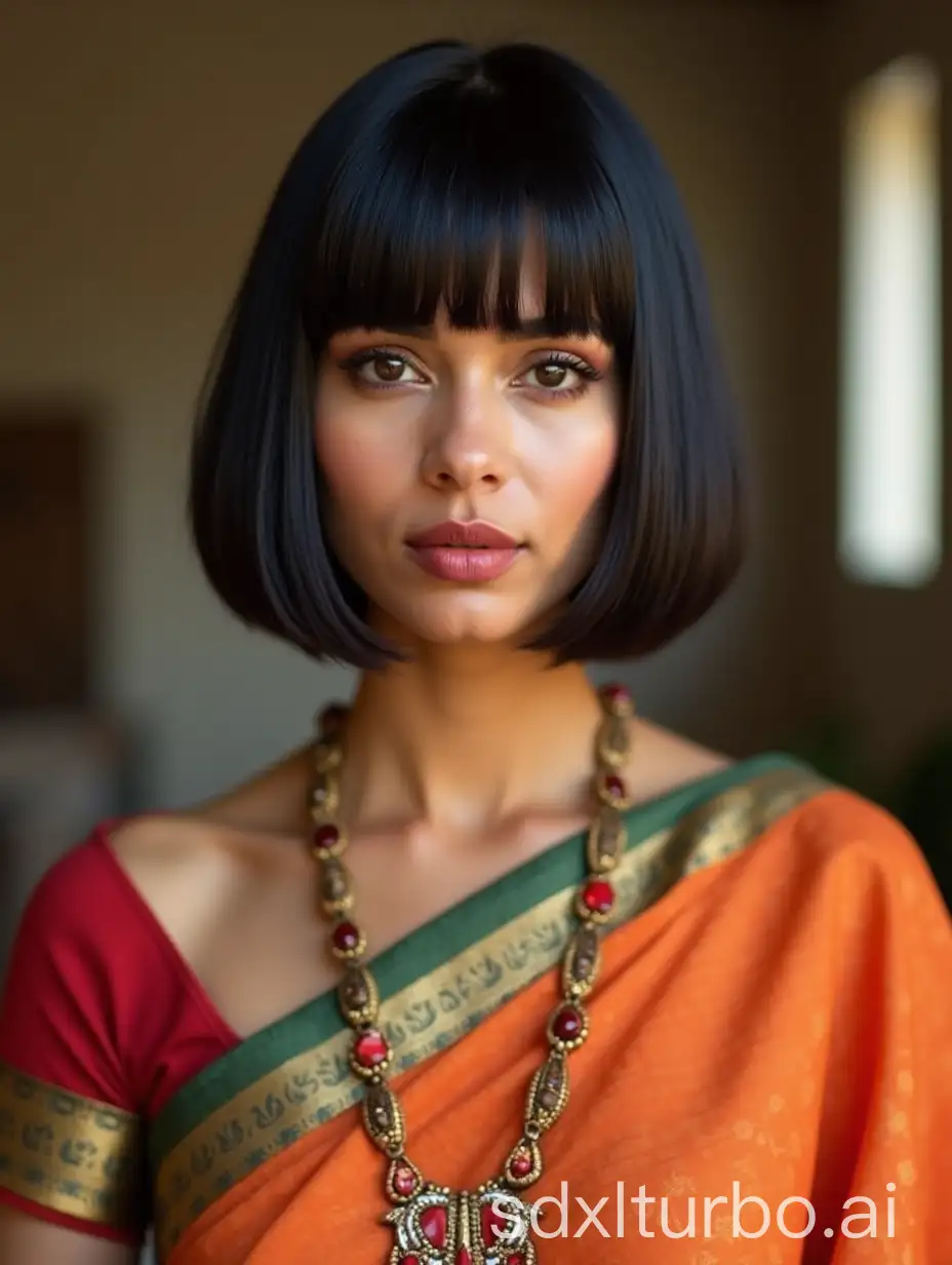 indian wife with a lip length blunt cut bob in traditional attire