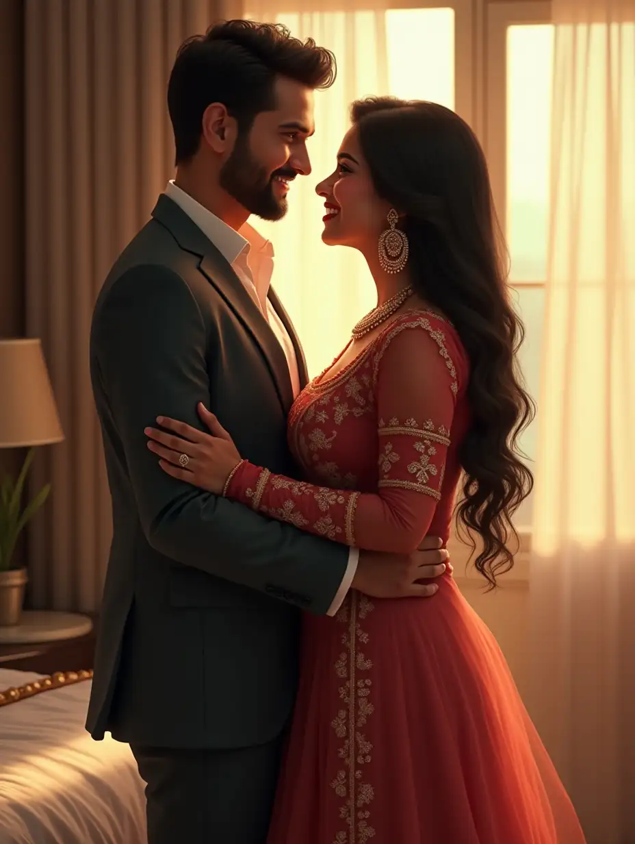 A realistic, full-body depiction of a romantic Indian couple in a luxurious bedroom during the morning. The woman is wearing a modern Indo-Western salwar kurti with a stylish design, detailed intricate embroidery, and elegant jewelry. She has a fuller, curvy endomorphic body type, long straight black hair flowing naturally, and a radiant smile. The man is wearing a well-fitted suit and is also smiling warmly. They are in an affectionate pose, looking at each other with deep love. The background is a tastefully decorated bedroom with soft, natural morning light streaming in, creating a warm, intimate, and modern ambiance.