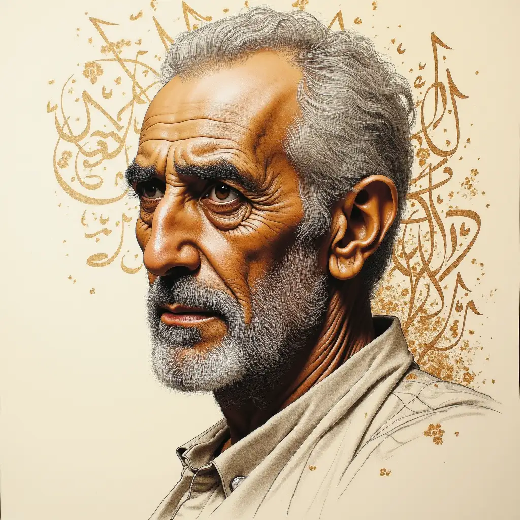 Hauntingly Beautiful Pencil Sketch of a MiddleAged Algerian Man with Arabic Calligraphy