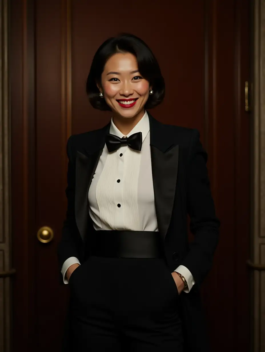 Confident-Chinese-Woman-in-Formal-Tuxedo-Smiling-in-Plush-Office-at-Night