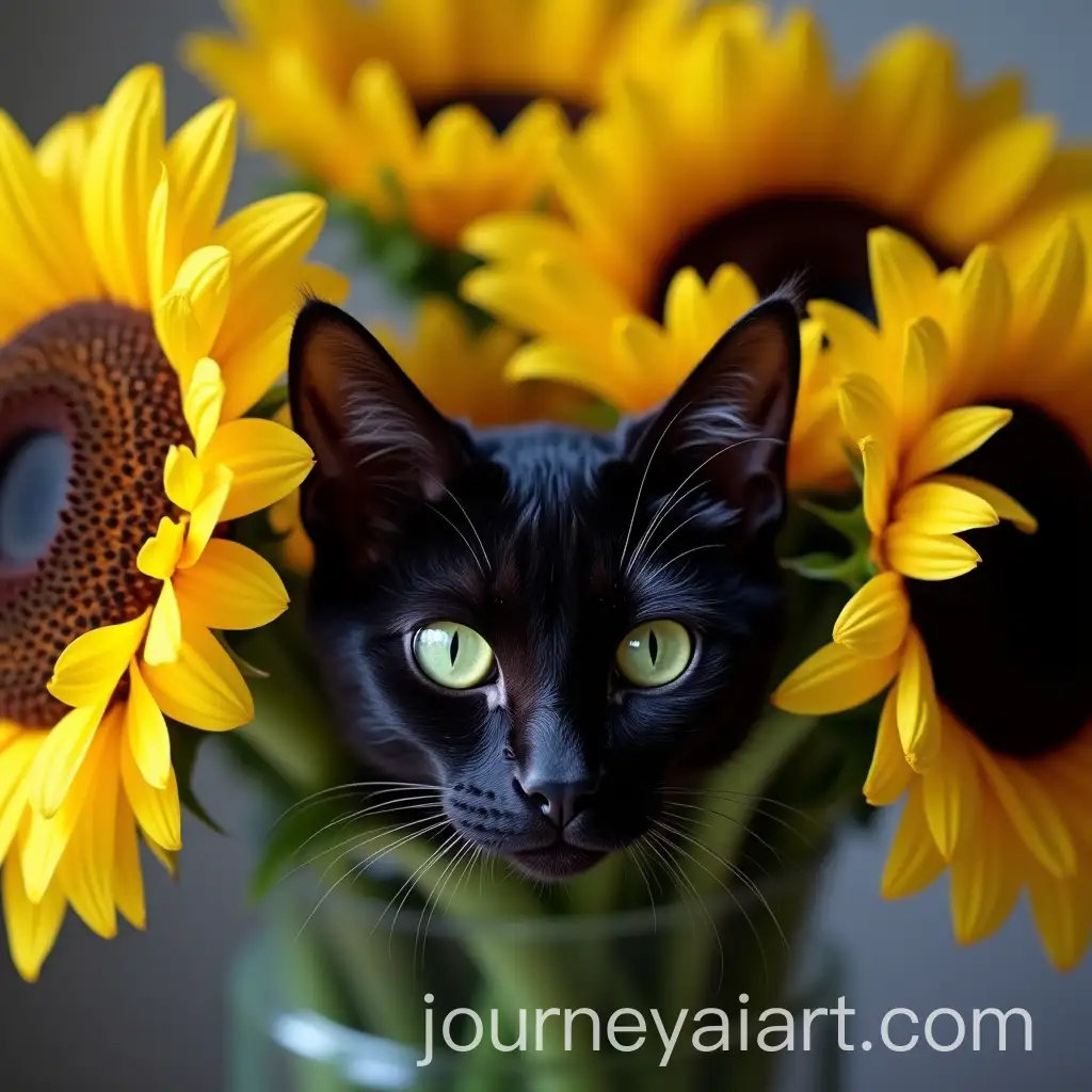 Black-Cat-with-Green-Eyes-Hiding-Among-Sunflowers