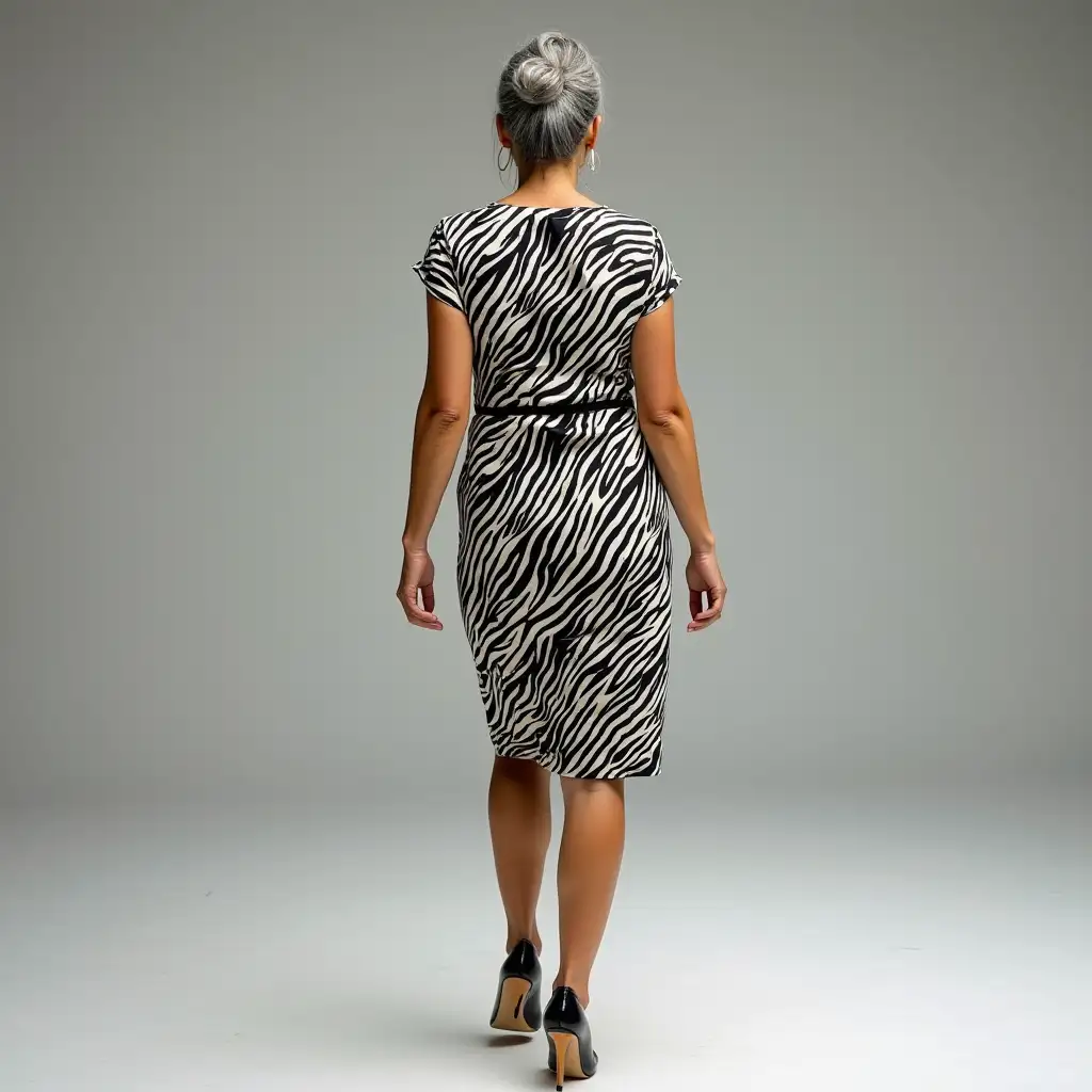 Elegant-Older-Woman-Walking-in-Zebra-Print-Dress-with-Wedge-Heels