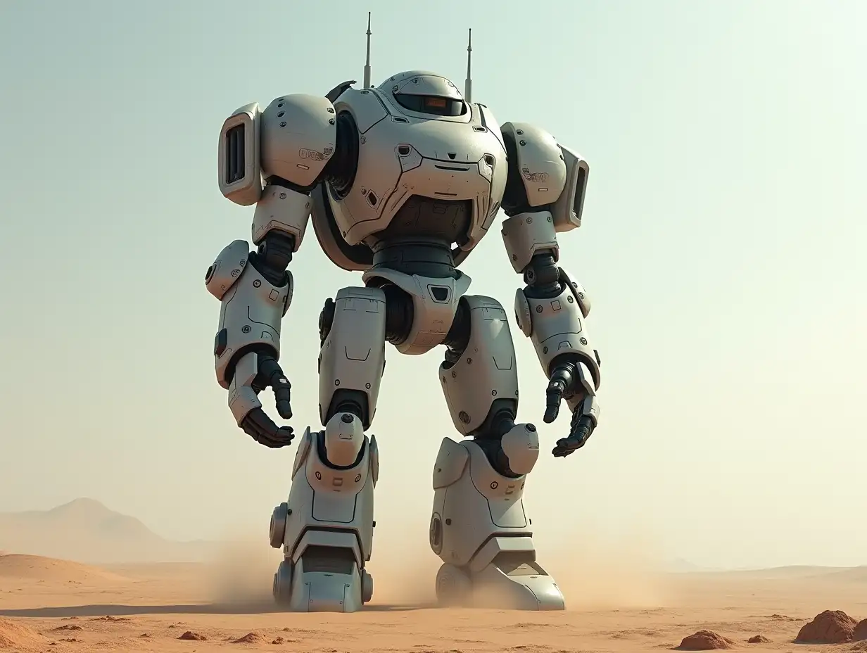 Create for me a 20 meter Android Titan Robot in black and white with armor in a vast desert.