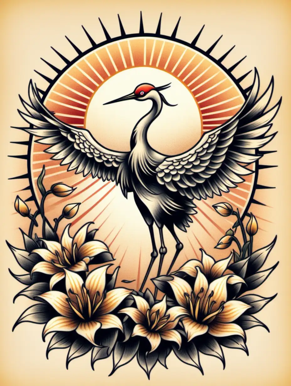 Old School Tattoo Design Crane Sun and Flowers