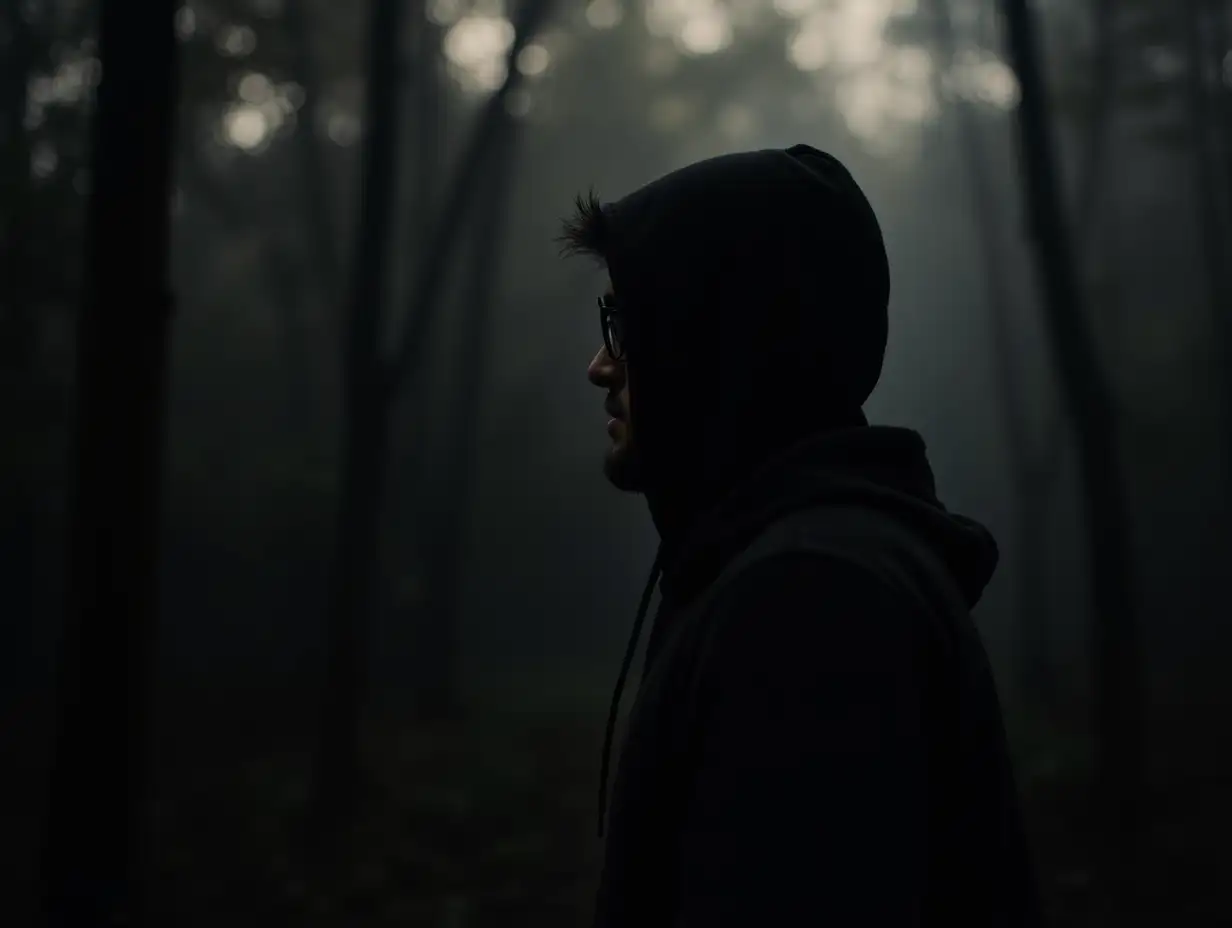 A silhouette of a man in disguise (wearing a hoodie and glasses), peeking from the side, watching his own funeral from the shadows.