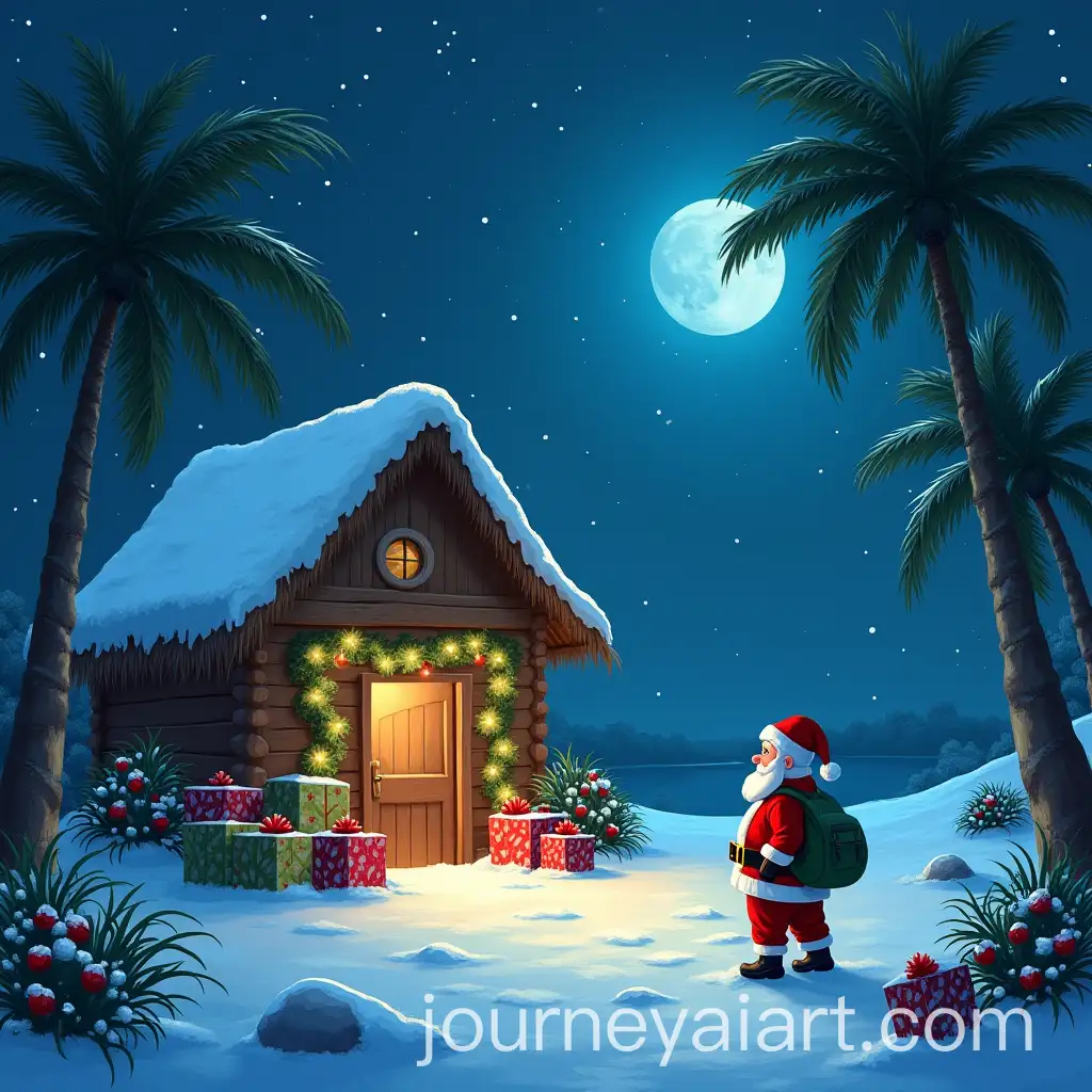 Santa-Claus-Entering-a-Snowy-Hut-Full-of-Christmas-Presents-Under-the-Moonlight