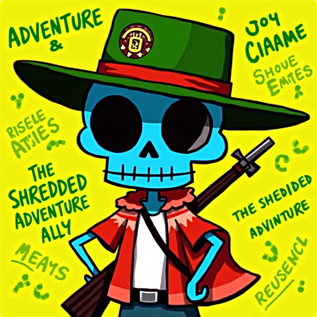 Image is a digital illustration featuring a stylized cartoon character with a blue skull-like face and large round sunglasses. The character is wearing a wide-brimmed green hat adorned with a badge and a red band, and a red and white poncho. The character holds a rifle over their shoulder. The background is a solid yellow with various green doodles and text scattered throughout, including phrases like 'Adventure & Risks' and 'The Shredded Adventure Ally.' The overall style is vibrant and playful, with a mix of bold outlines and bright colors, creating a whimsical and adventurous theme.