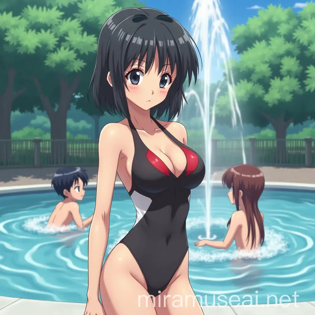 Misato Katsuragi in Black Bathing Suit at Park Fountain with Shinji and Asuka