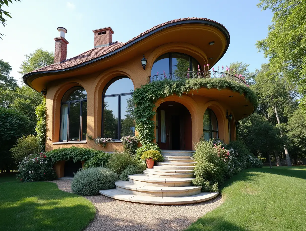 crooked house Bepflanzung-with Stuck in the form of plant decoration, large windows with glass closed, curved, smooth window shapes, winding large entrance steps from marble Complex curved roof with dike,Lanterns,Bank,and a woman