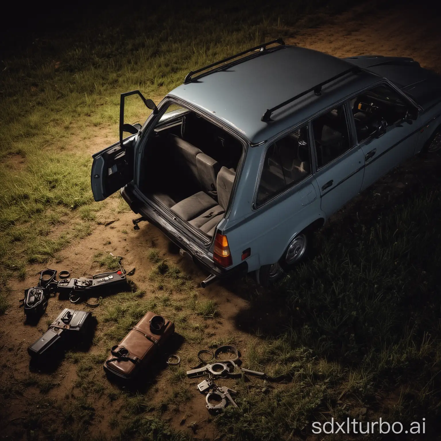 Volvo 242 with car doors opened in the field night moon light, open car doors, overhead shot, one gun on the floor, and two handcuffs on the floor, open driver car door