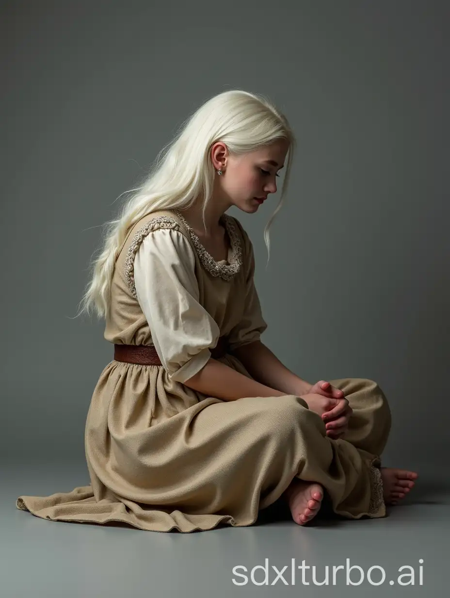 Medieval peasant dense plump woman about 20 years old with white long hair in a modest dress, sits on the floor sadly with her head down on a gray background