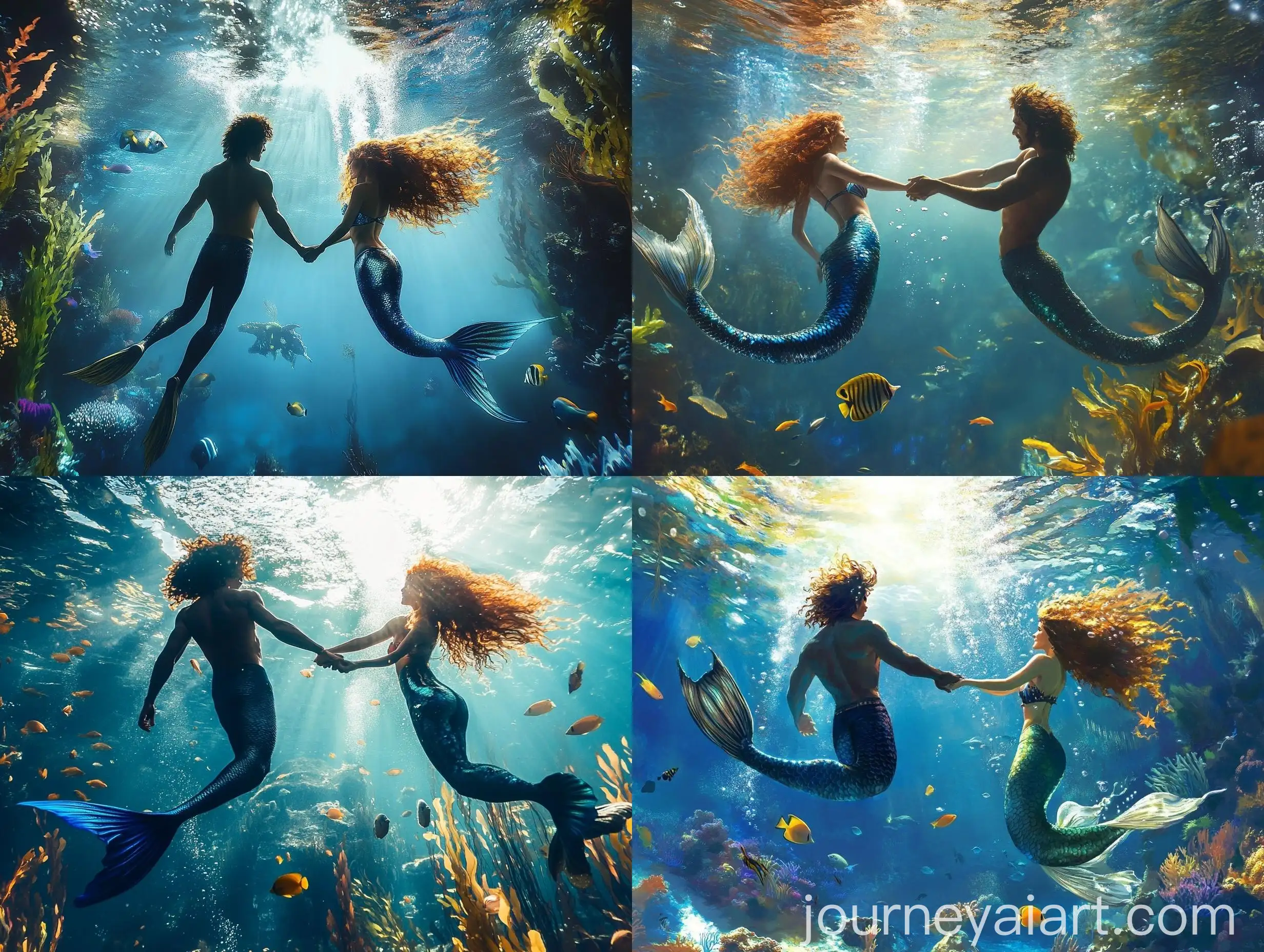 Mermaid-Man-and-Mermaid-Woman-Swimming-Underwater-with-Colorful-Fish-and-Seaweed