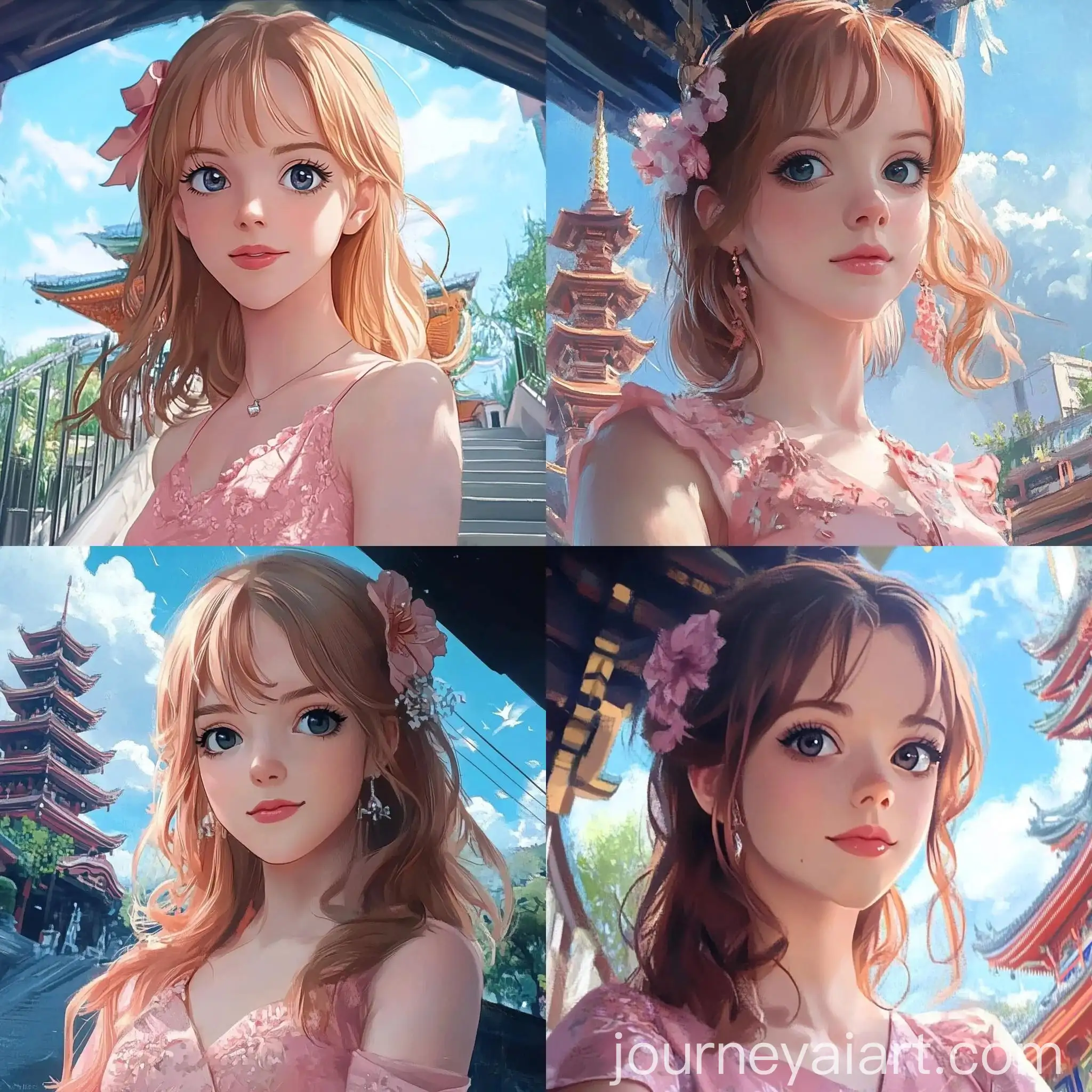 Anime-Style-Pink-Dress-with-Temple-Background