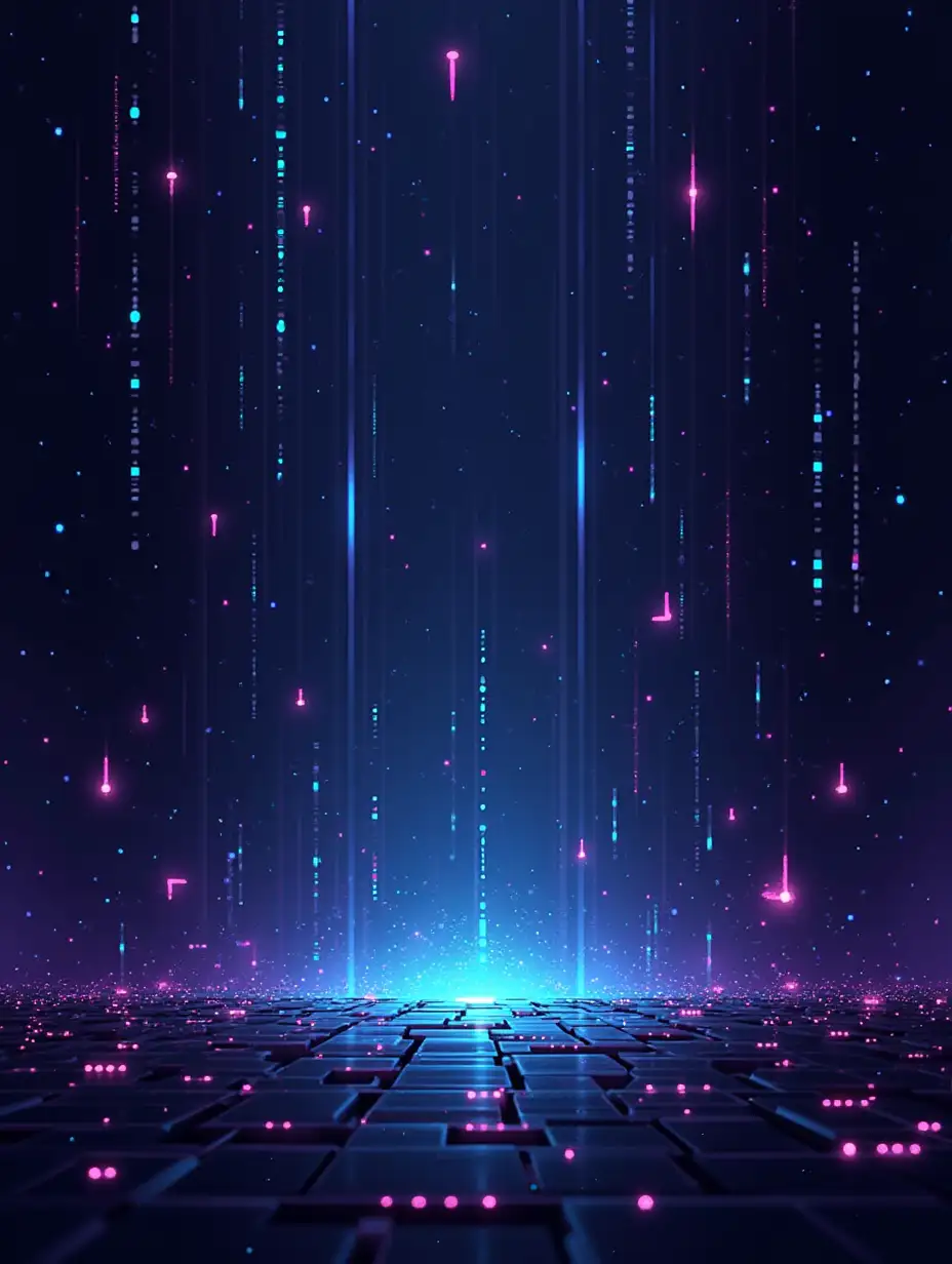 A main menu background, cyberpunk style, digital matrix rain, floating icons, neon accents, 512x512 pixels, pixel art, game environment, dynamic elements