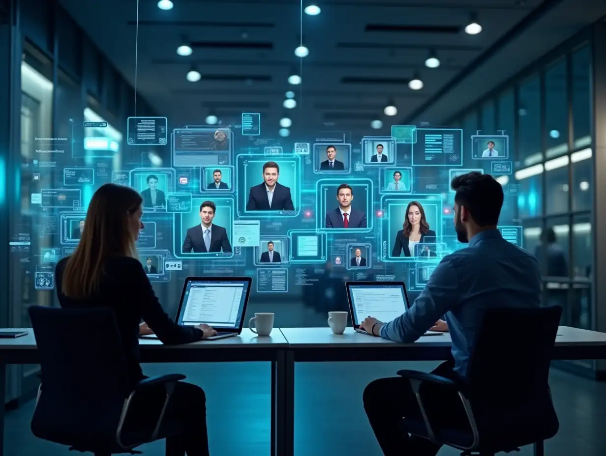 A hyperrealistic photograph of a modern and interconnected law office, showcasing the use of technology to provide better services to clients. The office is filled with digital screens, holographic displays, and smart devices, all connected through a secure digital network. Lawyers are interacting with clients remotely through video conferencing and digital document sharing. The atmosphere is efficient, professional, and technologically advanced.