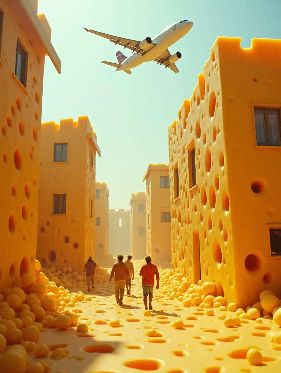 2001 camera footage cheddar cheese and Swiss cheese running rampant in the neighborhood with people consumed by cheese with two buildings and an airplane