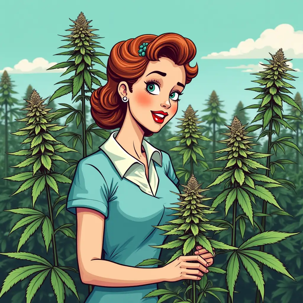 Cartoon women,50s look, grow cannabis, different strains, Green, blue and violet Flowers