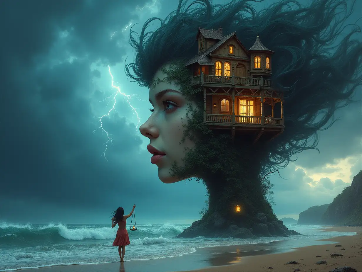 Face with hair transformed into a tall building with terrace with lantern and hanging swing with a fairy on the beach with big stormy waves and lightning and clouds