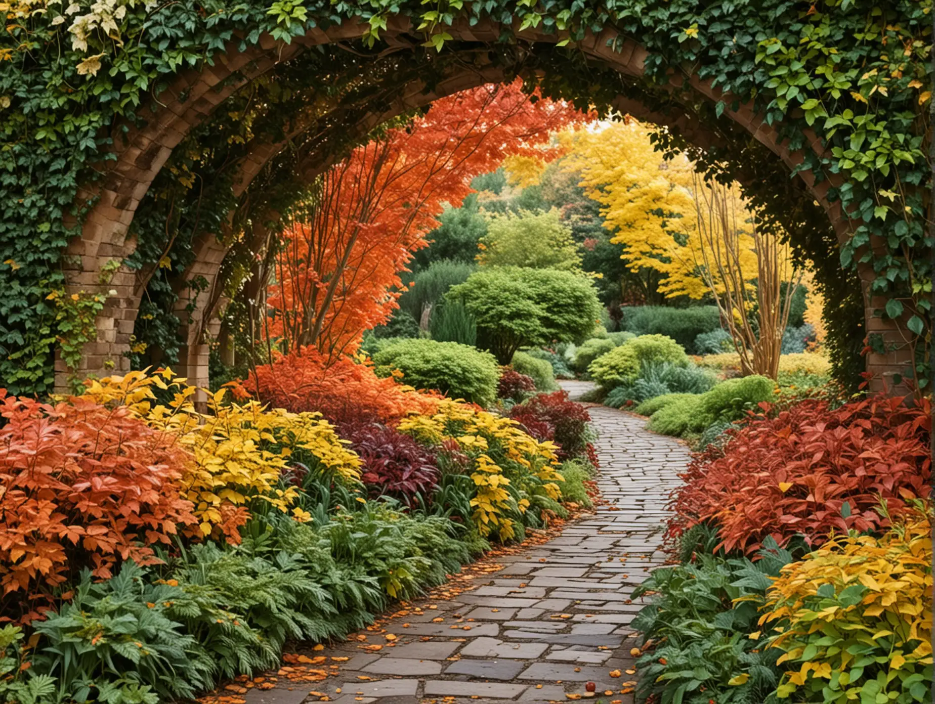 Tranquil Autumn Garden Pathway Framed by Wooden Arches