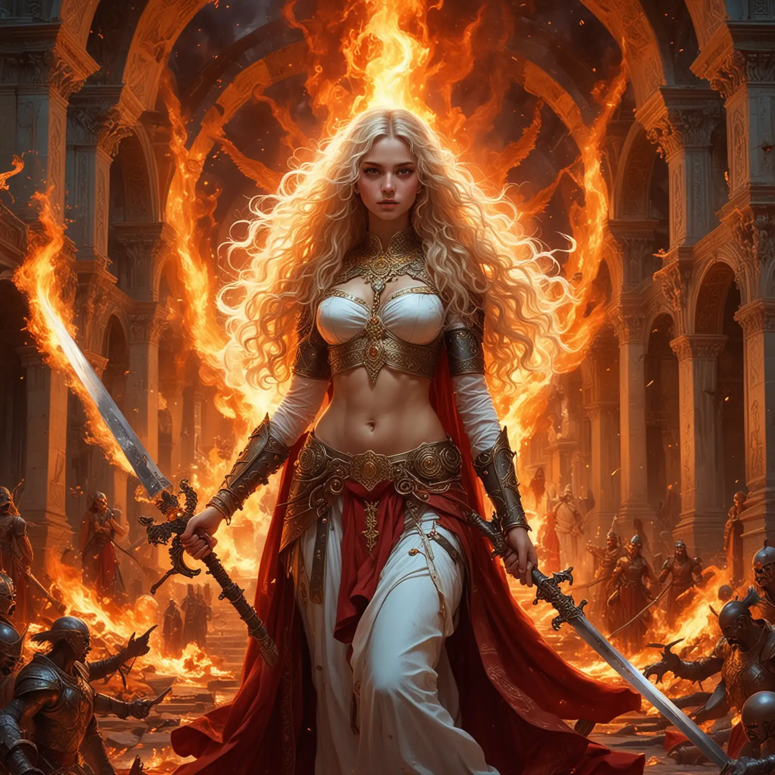 goddess empresses beautiful adolescent goddesses sorceresses magas alien vampires with curly long hair various colors of honey azure blonde white and red surrounded by circles of fire and fire, with two giant large swords made of fire diabolical and mysterious smile surrounded by giant fiery dragons, and in the background a huge battle and a dark palatial hindu-arabic palace crosses long made of fire and ruins of the vatican