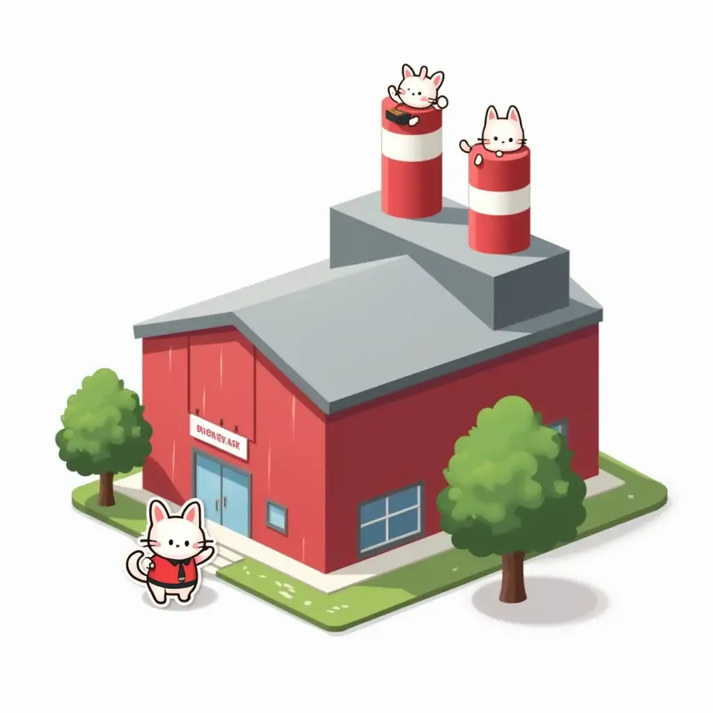 The factory building has red side walls and a gray two-level roof, and two red pipes with white stripes on the edge of the factory building. In the foreground are trees and small white cats dressed as office workers., Sticker design - top view, high resolution, vector graphics, white background, anime-style coloring.