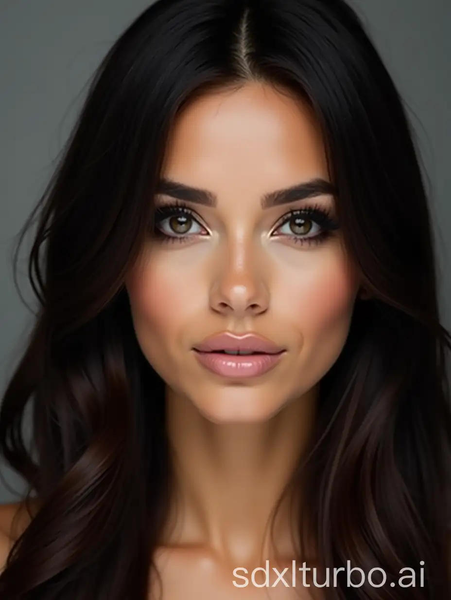 Portrait-of-a-Beautiful-Woman-with-Shiny-Dark-Hair-and-Cat-Eye-Makeup