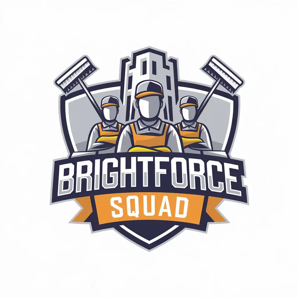 LOGO Design for BrightForce Squad Vector Logo with Cleaning Crew and Building Symbol on White Background