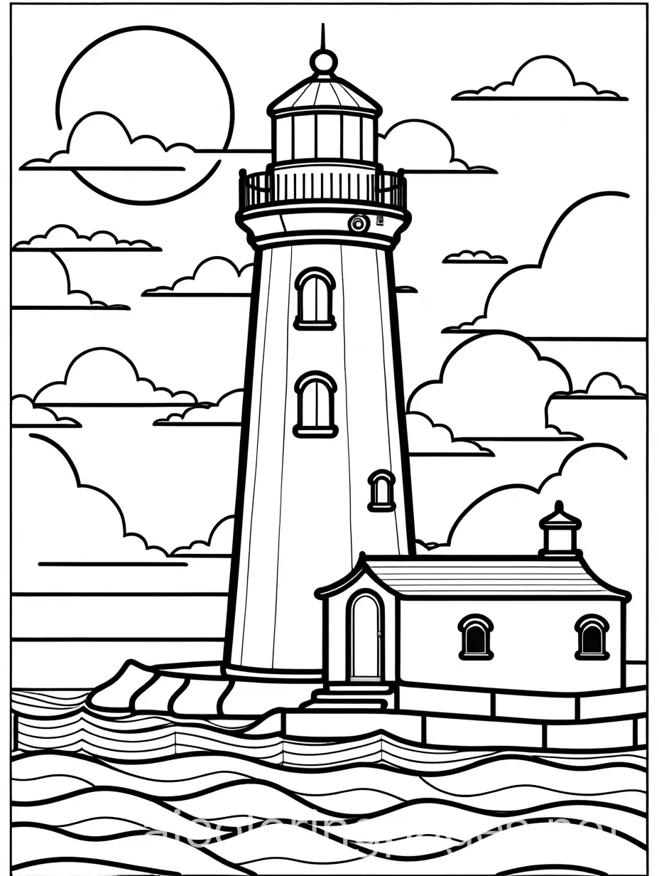 lighthouse colouring page for toddler, thick lines, white space., Coloring Page, black and white, line art, white background, Simplicity, Ample White Space. The background of the coloring page is plain white to make it easy for young children to color within the lines. The outlines of all the subjects are easy to distinguish, making it simple for kids to color without too much difficulty