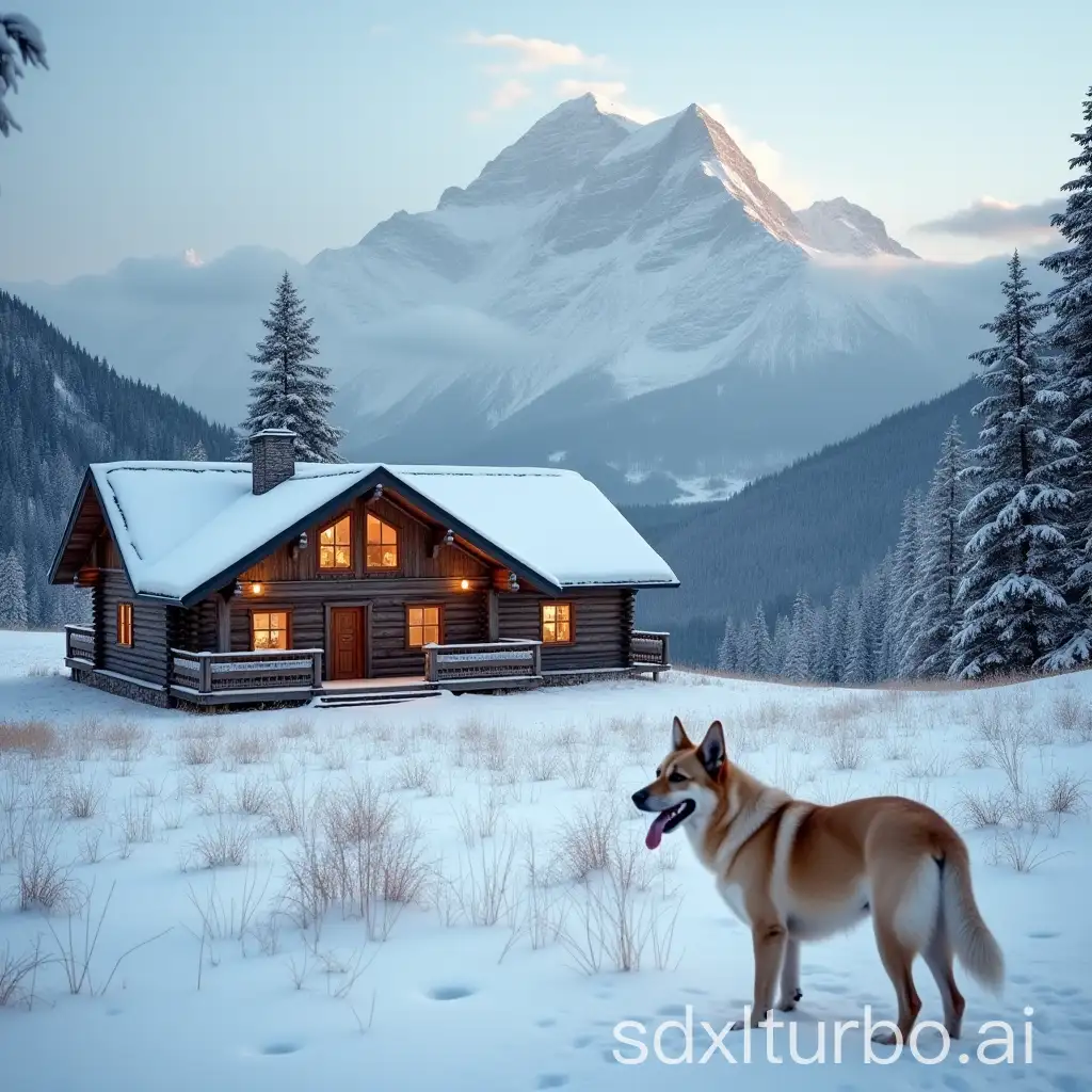 Dog at the mountain in front of a wooden house with snow