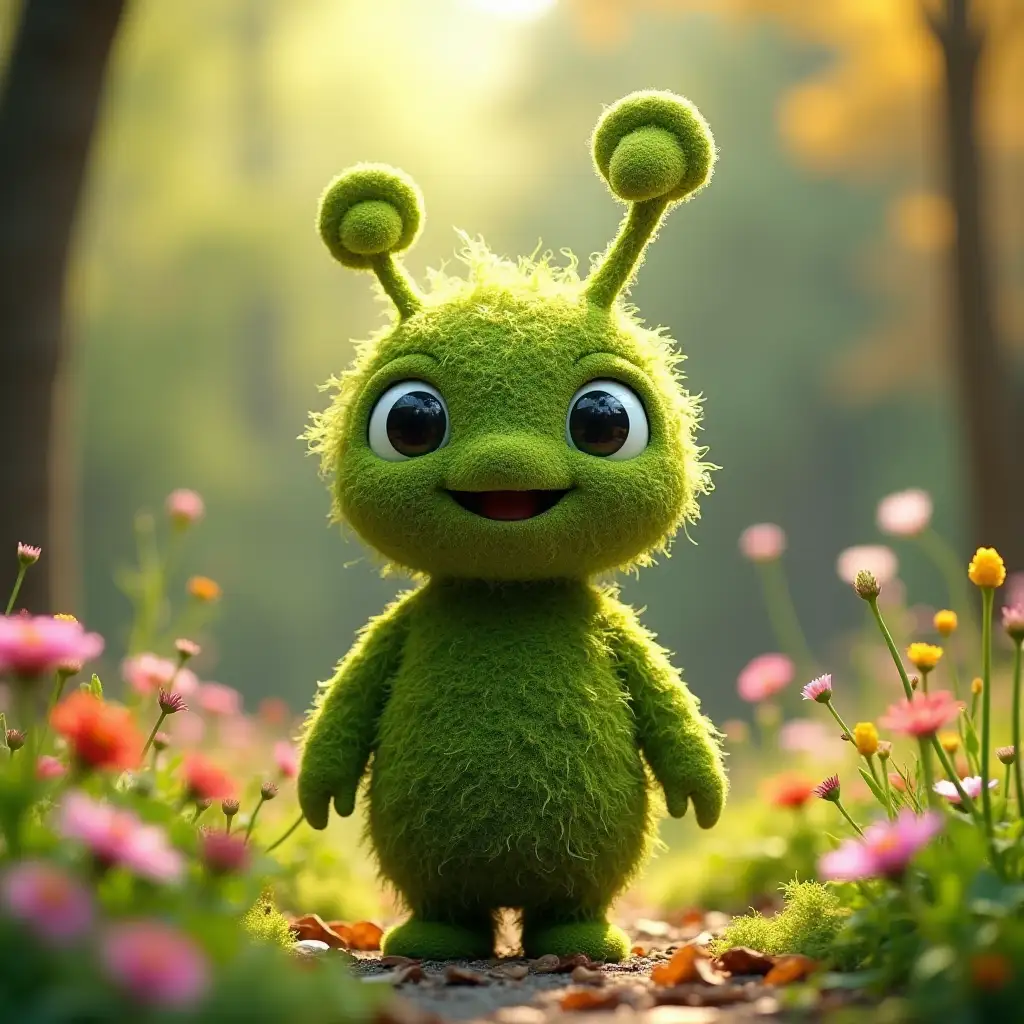 Jolly-Moss-Creature-with-Leafy-Antennas-in-Sunny-Flower-Garden