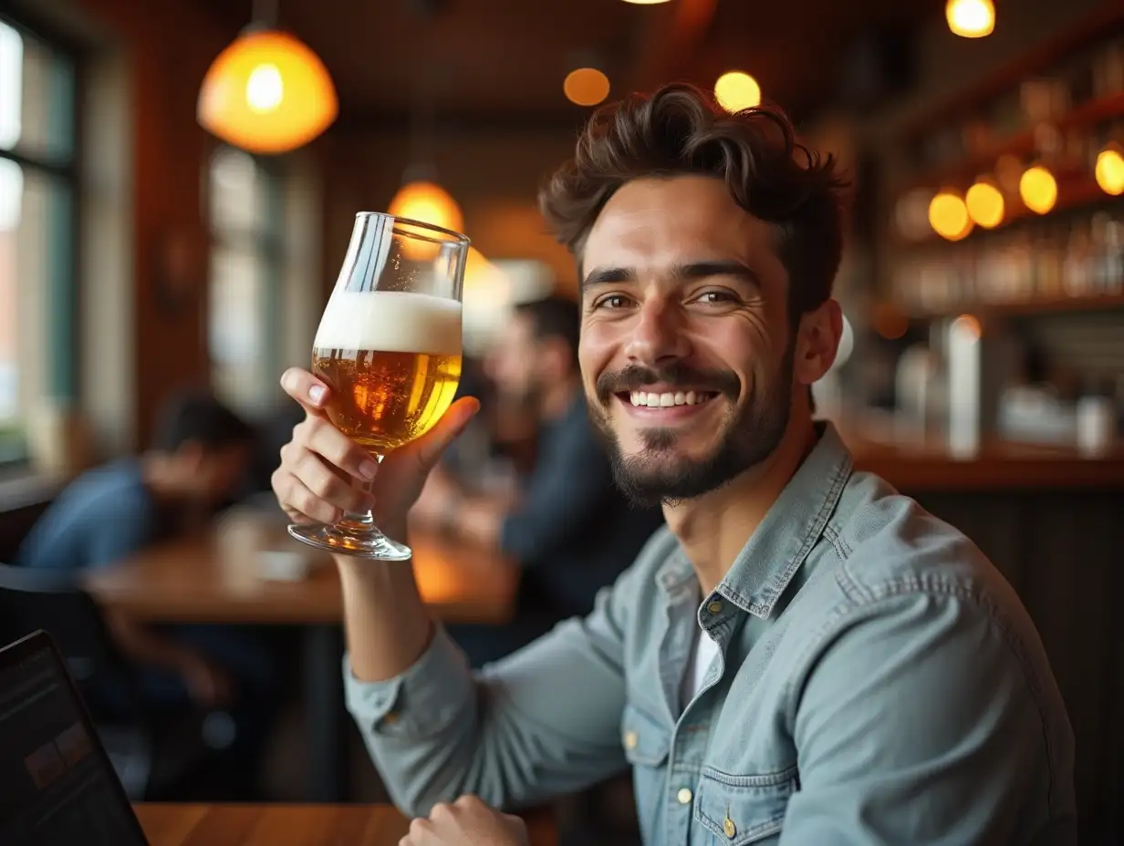 Charming young man smiling to the camera over his shoulder, having glass of cool freshly brewed craft beer at the pub. Attractive male customer relaxing at the restaurant, drinking after work