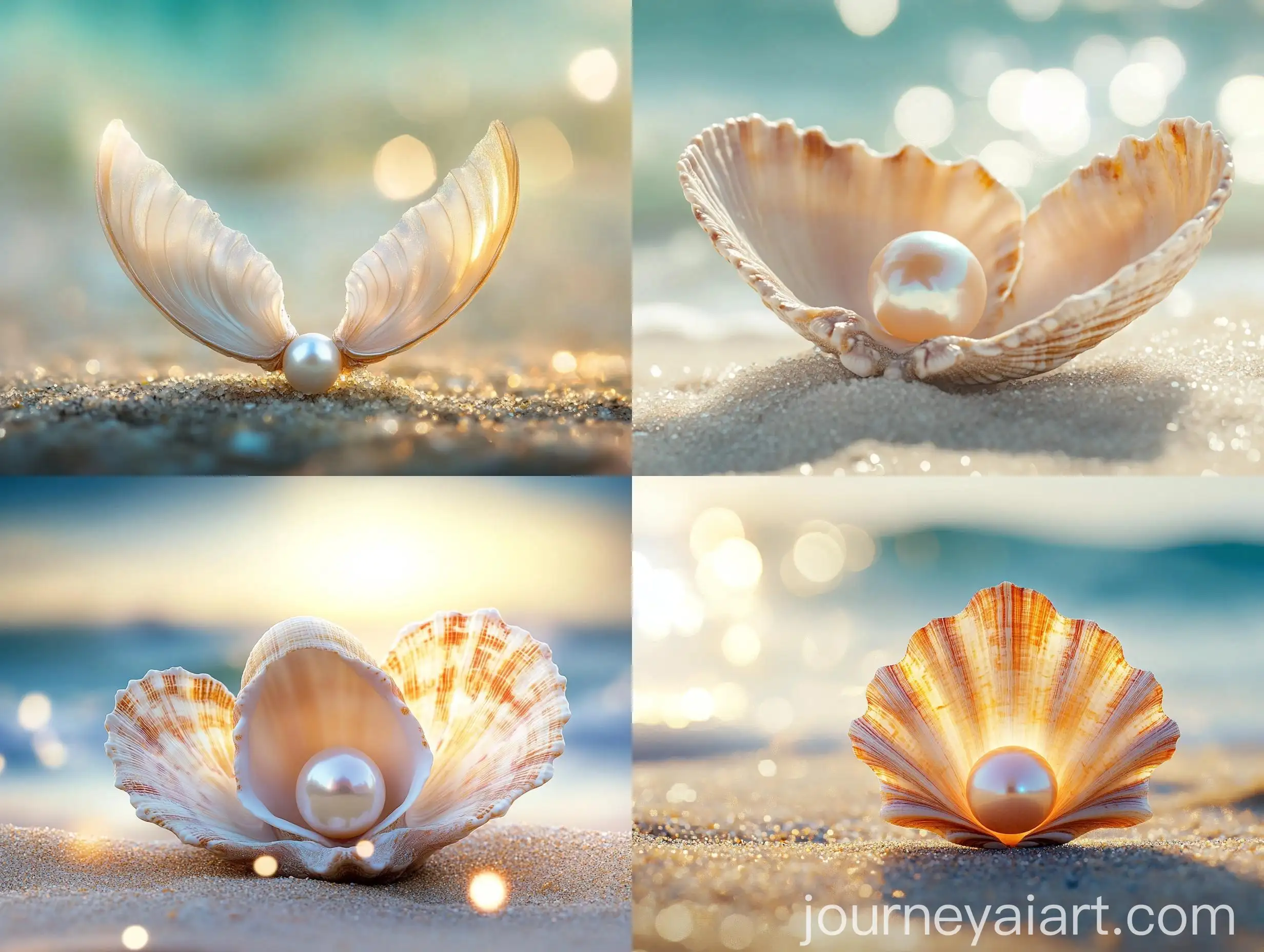 Hyperrealistic-Macro-Shot-of-a-Large-Shell-with-Pearl-on-Beach-Background