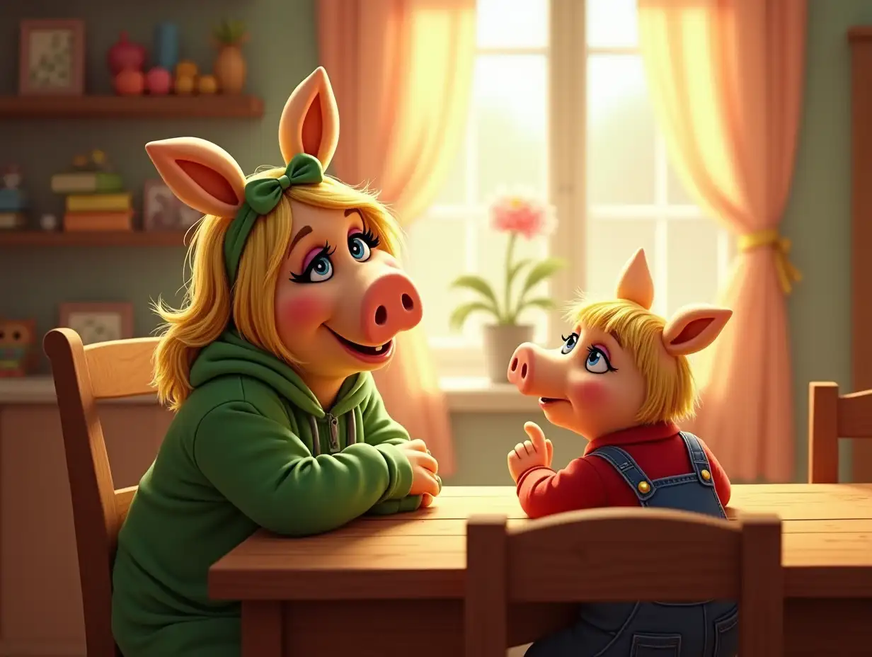 Miss Piggy, a cheerful anthropomorphic pig with blonde hair tied in a green bow, sits at a wooden dining table wearing a green hoodie. She leans back slightly with a playful and teasing expression, tilting her head and raising an eyebrow while gesturing toward Oliver. Across from her sits Oliver, a young piglet with short blonde hair, wearing blue overalls and a red sweater. The room is cozy and filled with warm sunlight streaming through a window with sheer curtains. The background includes bookshelves, soft pastel tones, and a vase of flowers on the windowsill.