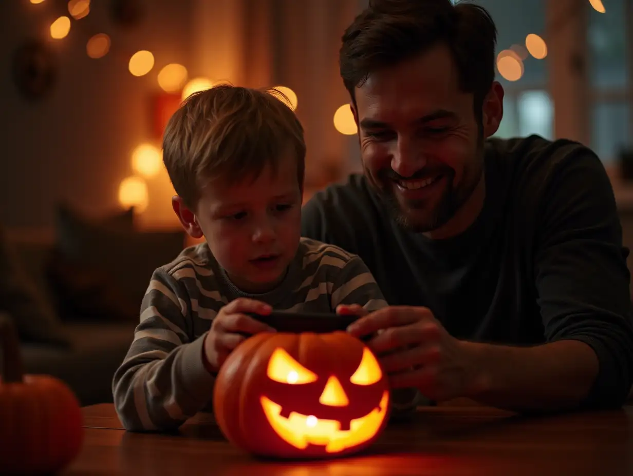 Father playing game with son during Halloween party