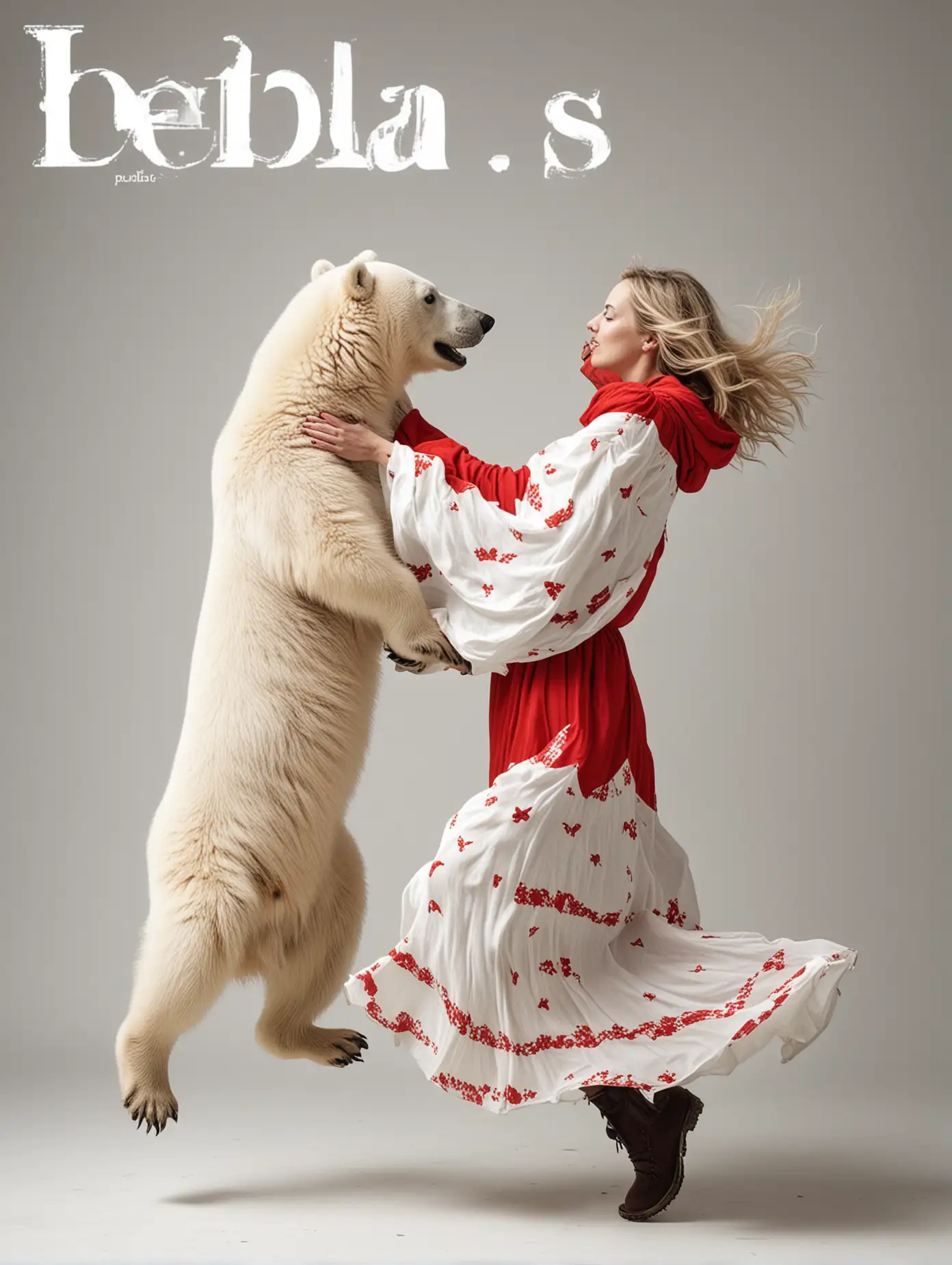 Leaping-Woman-and-Red-Polar-Bear-on-White-Background