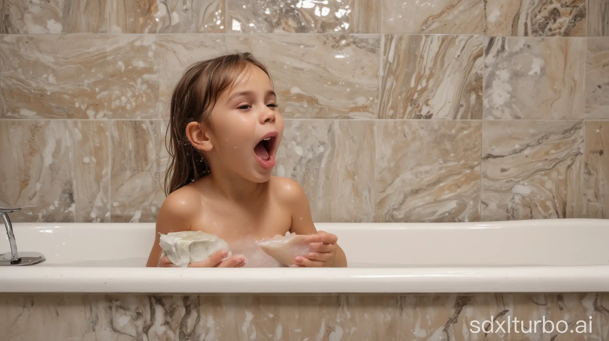 Little-Girl-Licking-Soap-While-Mother-Washes-Hair-in-Bathtub