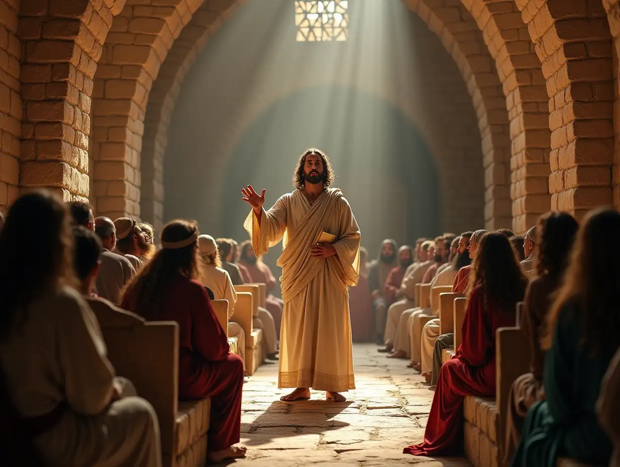 A powerful scene in an ancient synagogue, where Jesus stands at the center, exuding authority as He teaches. He is dressed in simple robes, with one hand raised in a gesture of teaching and the other holding a scroll. His face shows a calm yet commanding expression, radiating wisdom and divine presence. The synagogue's stone walls and arched architecture surround the space, with soft light streaming through small openings, illuminating Jesus. A diverse group of listeners, including men and women of different ages, sit in awe on stone benches, their faces filled with reverence and amazement. The atmosphere is one of spiritual significance, capturing the authority of Jesus’ words and the reverence of those gathered around Him.