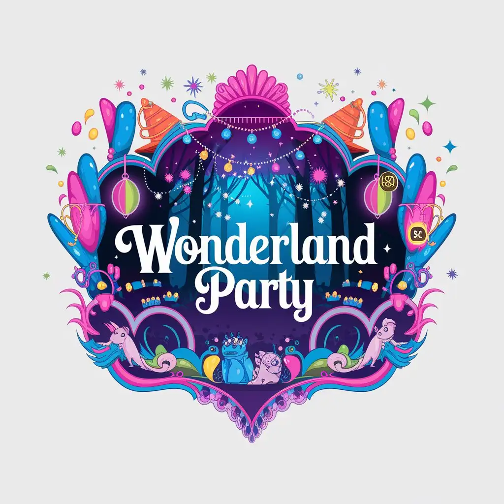 LOGO Design for Wonderland Party Enchanted Forest Magical Elements with Whimsical Typography