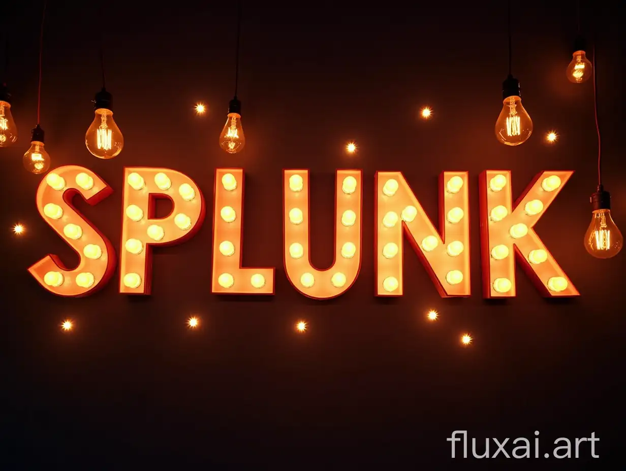 Create an image featuring the word 'SPLUNK' surrounded by glowing light bulbs in a retro style