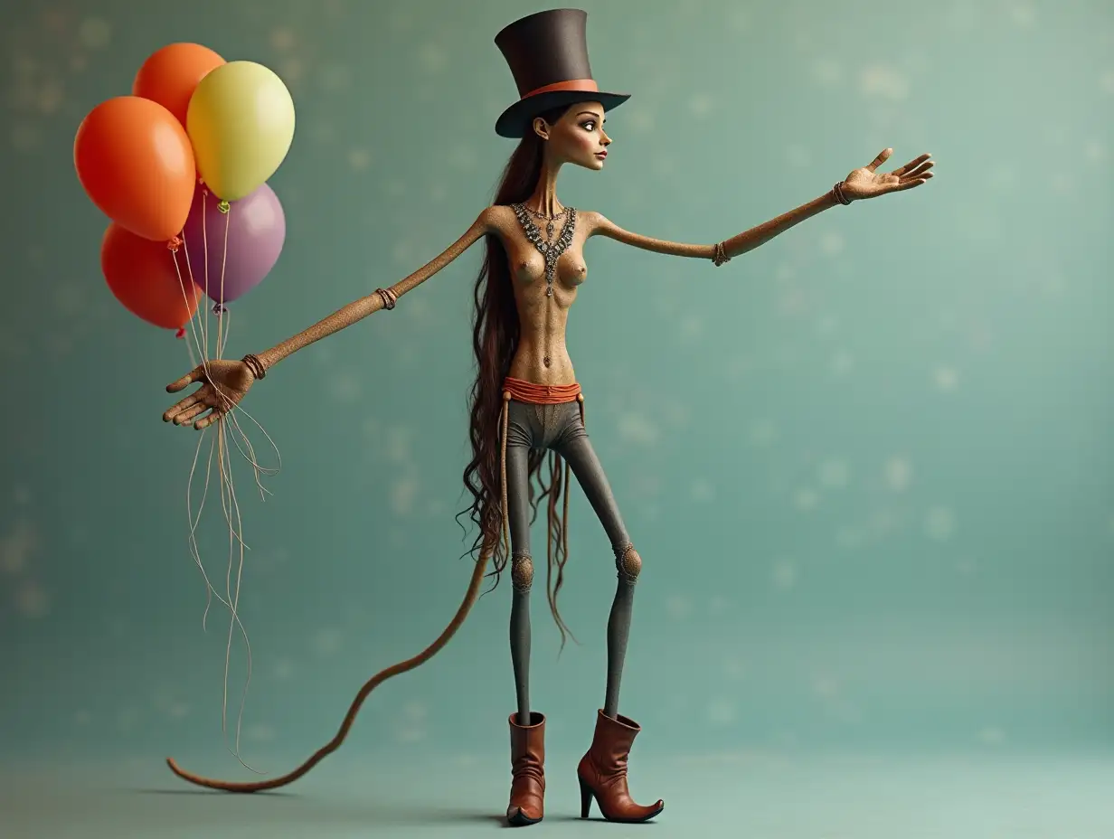 A very long gruselwelt woman figure with very thin legs and very long thin arms with top hat and boots and wears jewelry.and has several balloons in the hand 4K resolution colorful