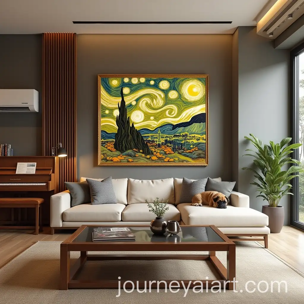 Modern-Living-Room-Interior-with-Wooden-Table-Van-Gogh-Painting-and-Shih-Tzu-Dog