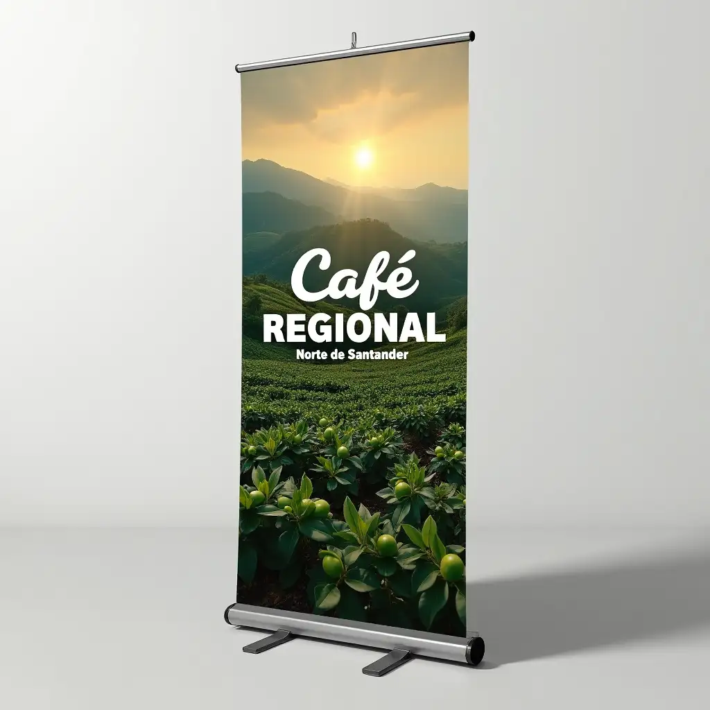 Create a flat, high-resolution design, suitable for printing as a vertical banner (pendón), with exact dimensions of 200 cm tall by 80 cm wide. The design should include:
- A coffee plantation background.
- The text: "Café REGIONAL - Norte de Santander" prominently displayed in the center.
Ensure that:
- There are no external objects like stands, frames, lighting effects, or shadows.
- The output is a standalone graphic file, without any decorative presentation or mockups.
- The design is print-ready with no additional background or room context.
