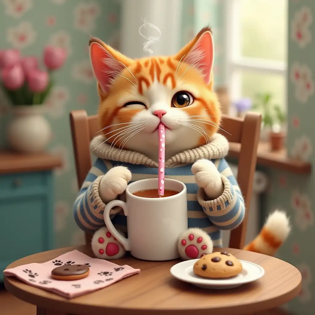 A charmingly anthropomorphized cat dressed in a cozy striped sweater and adorable bunny slippers, perched comfortably on a miniature chair at a tiny table. The feline's whiskers twitch with delight as it delicately holds a miniature porcelain cup with paw-sized handle, filled to the brim with steaming hot coffee. Its eyes are half-closed in contentment, revealing a hint of playful mischief as it sips the beverage through an equally miniature pink straw with cute heart-shaped patterns. The background is a serene and colorful kitchen nook, with a patterned wallpaper that complements the cat's sweater. On the table, there's a matching saucer with a single chocolate-chip cookie, and a small plate with a paw-print design, suggesting the cat has set up its own little cafe. The scene exudes warmth and humor, with the cat's expression perfectly balancing the absurdity of the situation with a touch of sophistication, as if enjoying a morning brew is the most natural thing in the world for a cat of such refined tastes.