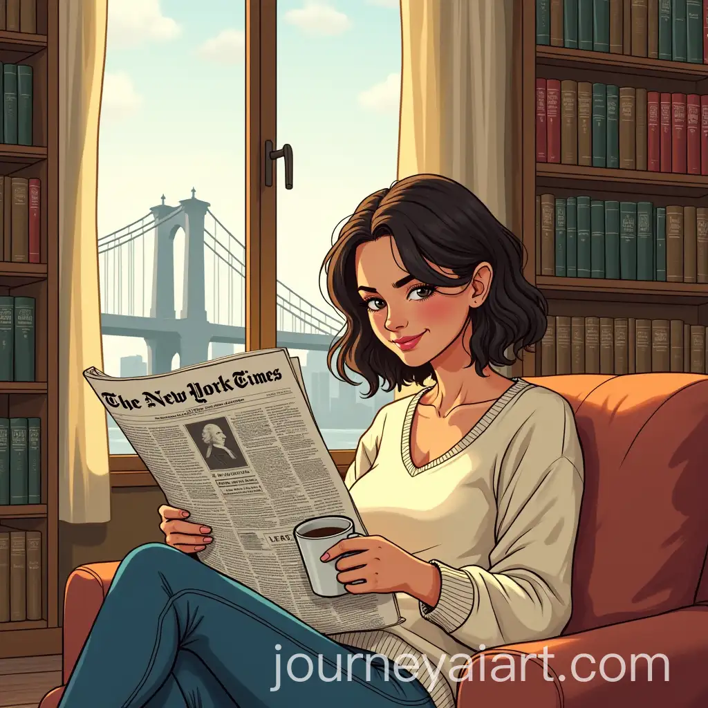 Young-Woman-Enjoying-Coffee-and-Reading-The-New-York-Times-with-Brooklyn-Bridge-View