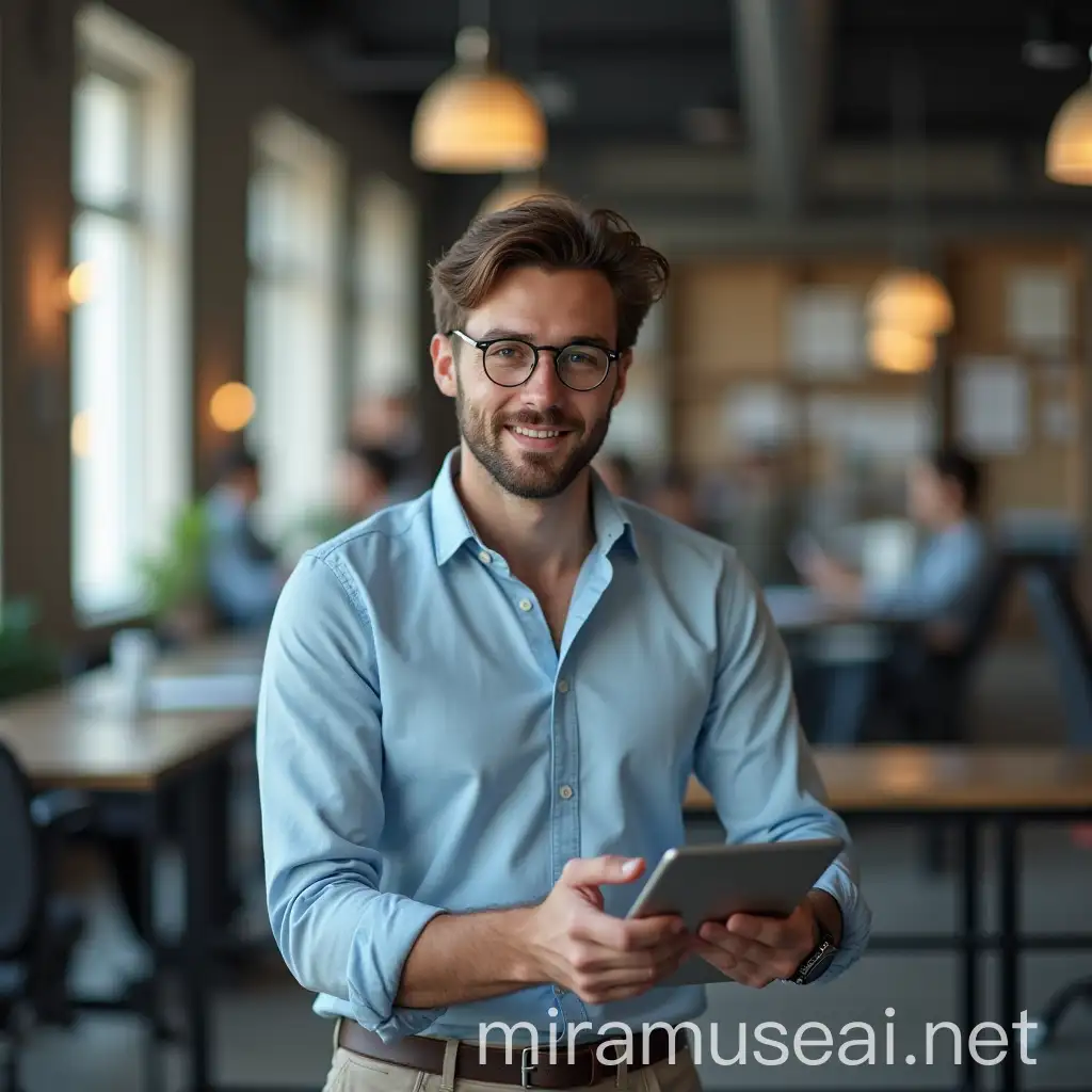 Dedicated Young Professional Engaged with Tablet at Modern Office